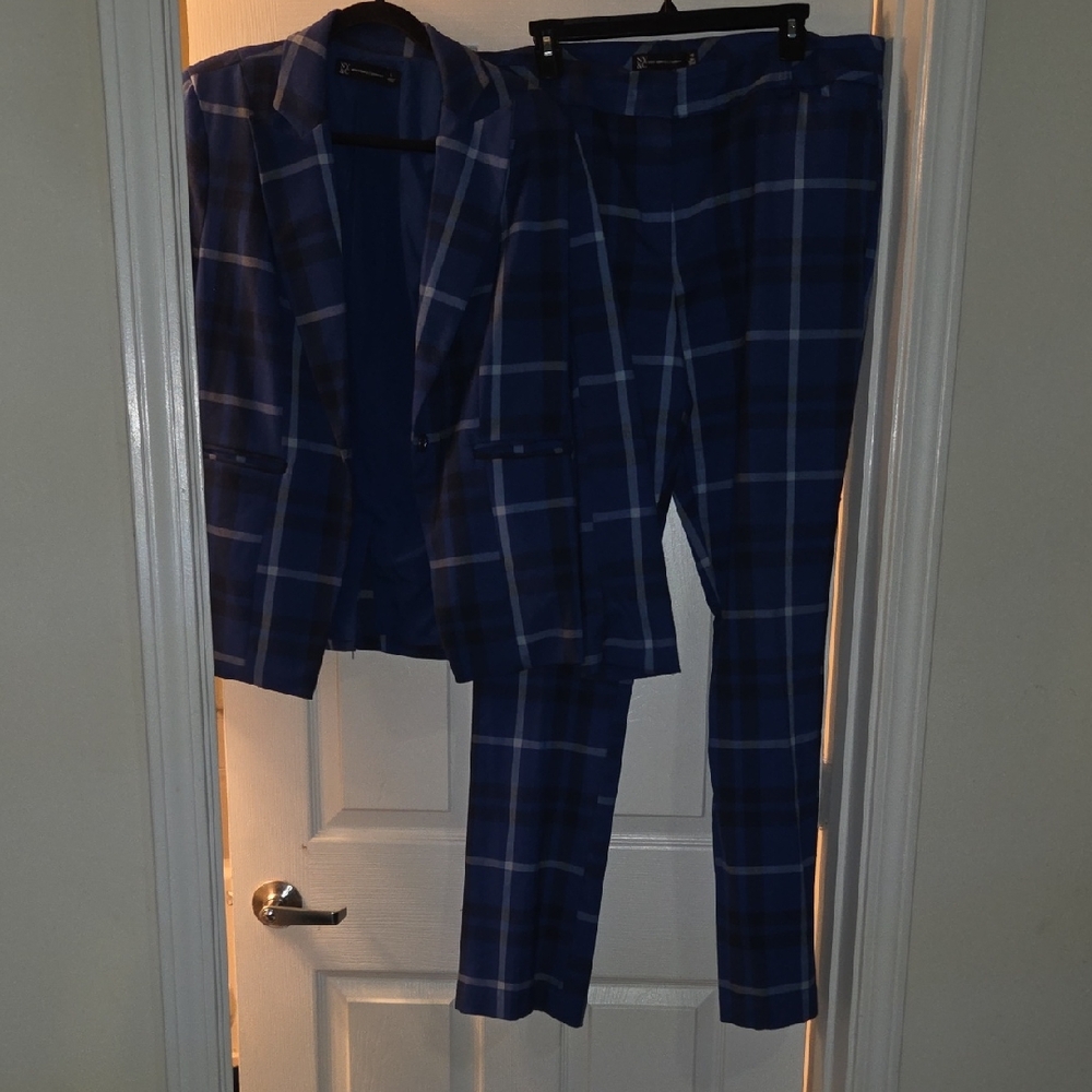 Blue Plaid Blazer and Pants Set